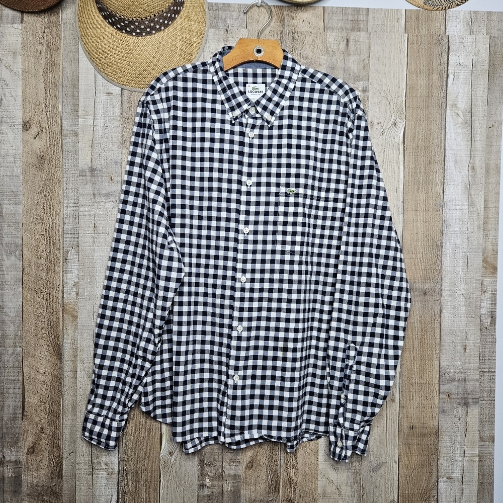 Lacoste Button Up Long Sleeve Gingham Classic Fit Poplin Shirt Sze 44 Blue White - Picture 1 of 10
